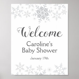 Póster Winter Snowflake Silver Baby Shower Welcome Sign