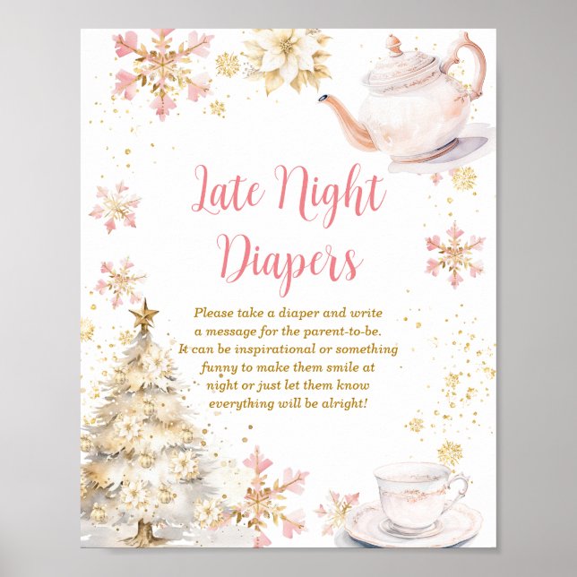 Póster Winter Tea Party Baby Shower Late Night Diapers (Frente)