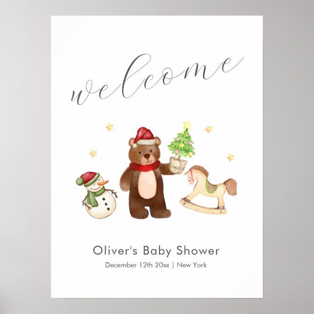 Póster Winter Teddy Bear Snowman Baby Shower Welcome (Frente)