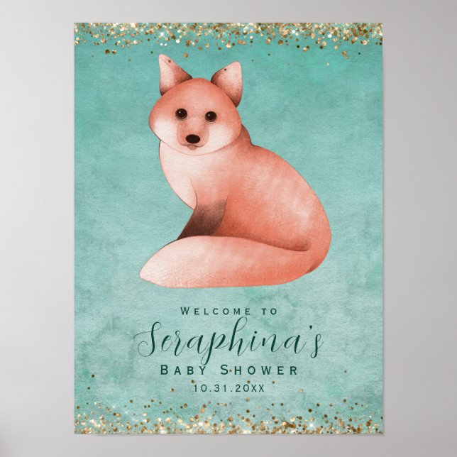 Póster Winter Watercolor Red Fox Baby Shower Poster (Frente)