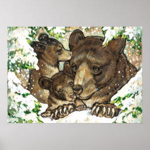 Póster Winter Wildlife Art Black Bear Mother and Cubs