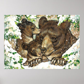 Póster Winter Wildlife Art Black Bear Mother and Cubs