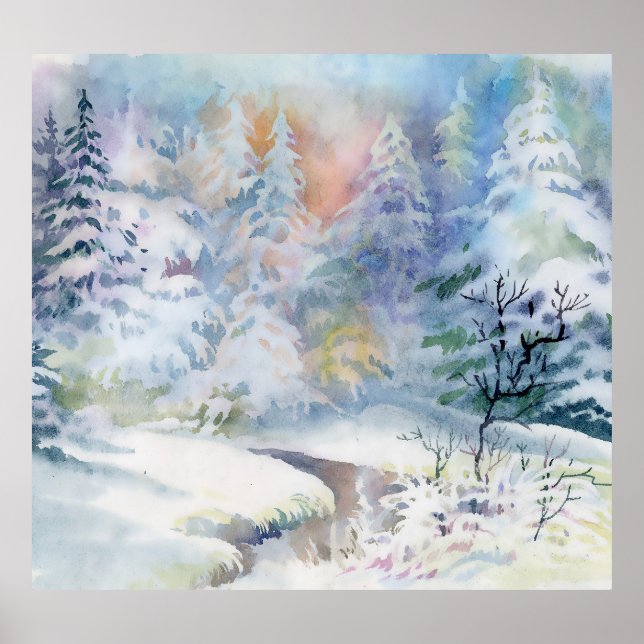Póster Winter Wonderland: Paisaje acuarela (Frente)