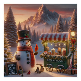 Póster Winter Wonderland Snowman's Hot Chocolate Cart