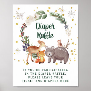 Póster Winter Woodland Animals Baby Shower Diaper Raffle