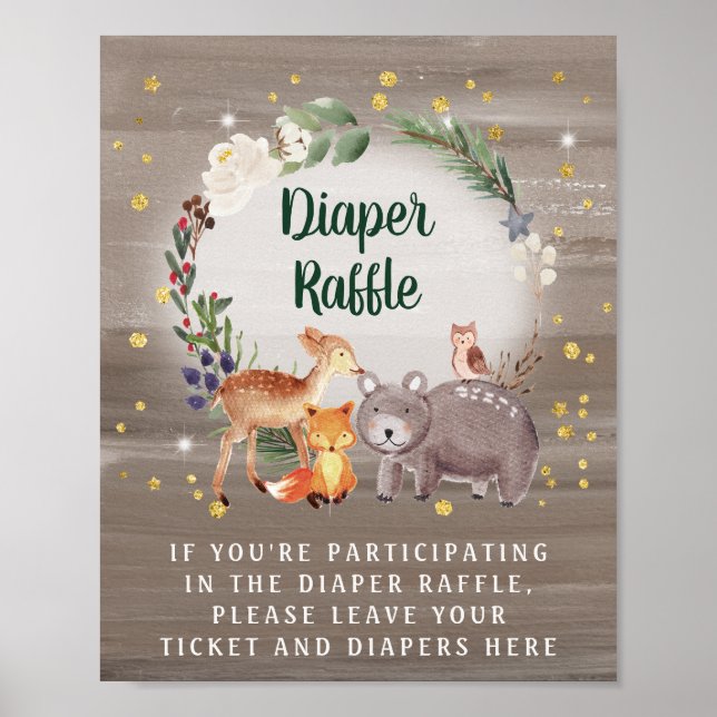 Póster Winter Woodland Animals Baby Shower Diaper Raffle (Frente)