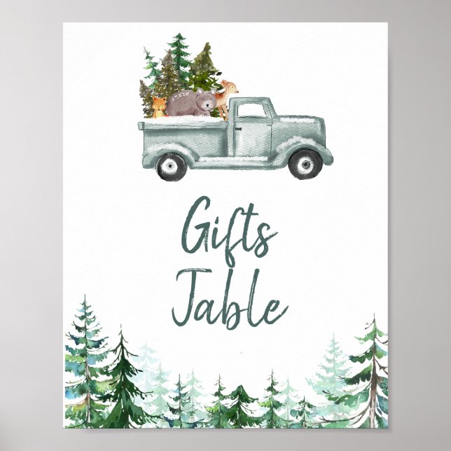 Póster Winter Woodland Animals Pine Trees Gifts Table (Frente)