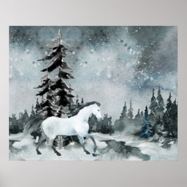 Póster Winter Woodland Forest White Horse Night Sky