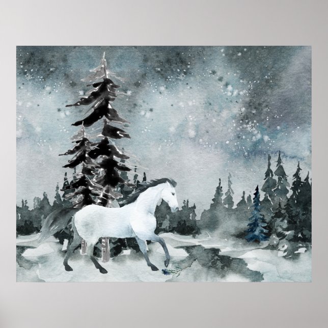 Póster Winter Woodland Forest White Horse Night Sky (Frente)