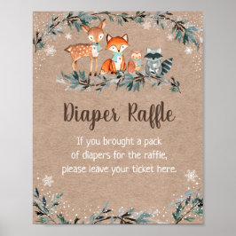 Póster Winter Woodland Greenery Baby Shower Diaper Raffle