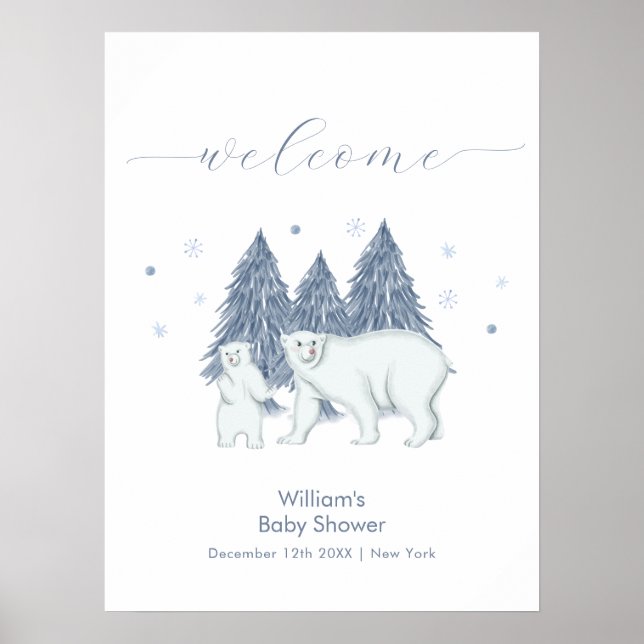 Póster Winter Woodland Polar Bear Baby Shower Welcome (Frente)
