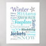 Póster Winter Words Typography in Blue<br><div class="desc">This darling winter typography wall art poster will be the perfect addition to your home decor in the winter months. This design features many of the things you experience in the winter season,  all in a variety of fonts and grey and blue colors.</div>