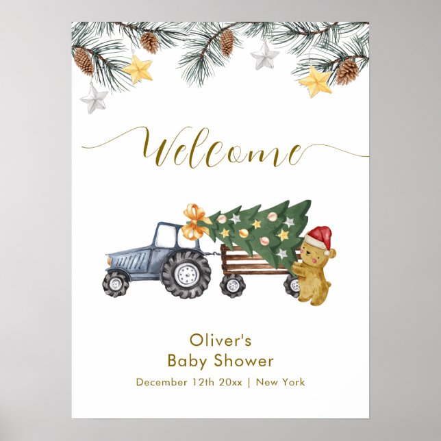 Póster Winter X'mas Tree Tractor Bear Baby Shower Welcome (Frente)