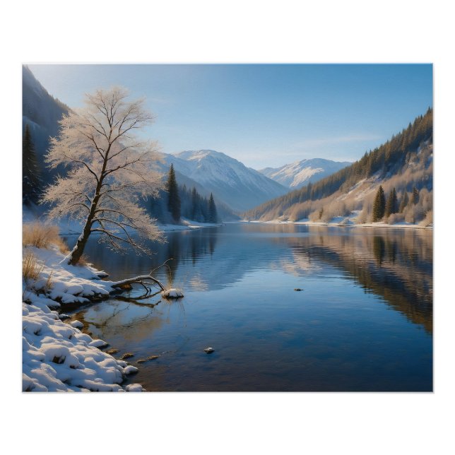 Póster Winterliche Landschaft mit klarem Bergsee (Anverso)