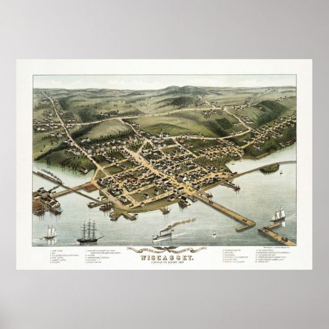 Póster Wiscasset, Maine Bird's Eye View, Poster de 1878 (Frente)