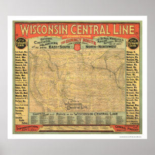 Póster Wisconsin Central Railroad Map 1882