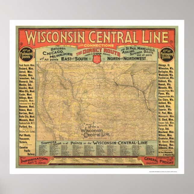 Póster Wisconsin Central Railroad Map 1882 (Frente)