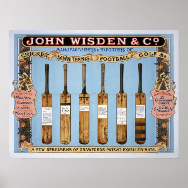 Póster Wisden Cricket Bats, 1895 (Frente)