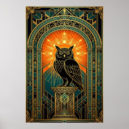 Póster Wise Owl Silhouette Art Deco Midnight Gold