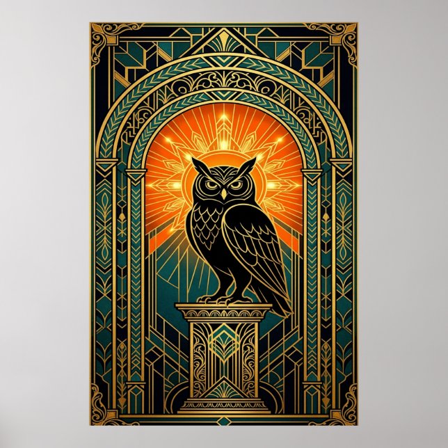 Póster Wise Owl Silhouette Art Deco Midnight Gold (Frente)