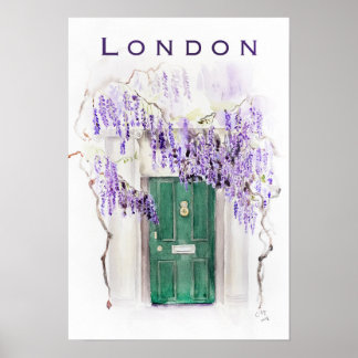 Póster Wisteria season in London green door watercolour