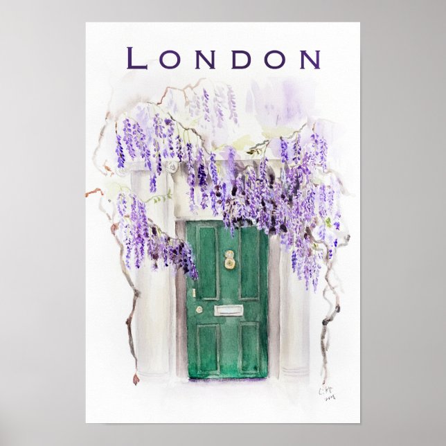 Póster Wisteria season in London green door watercolour  (Frente)