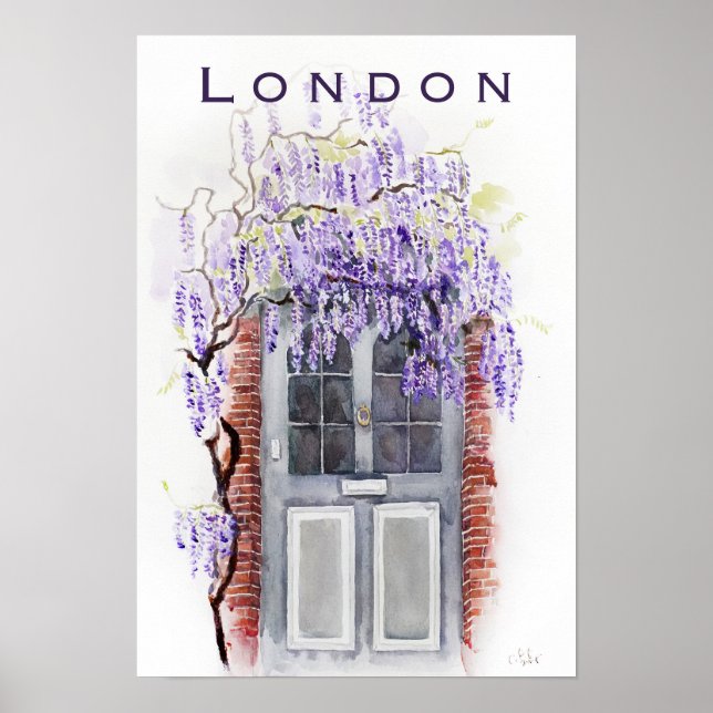 Póster Wisteria season in London grey door watercolour  (Frente)