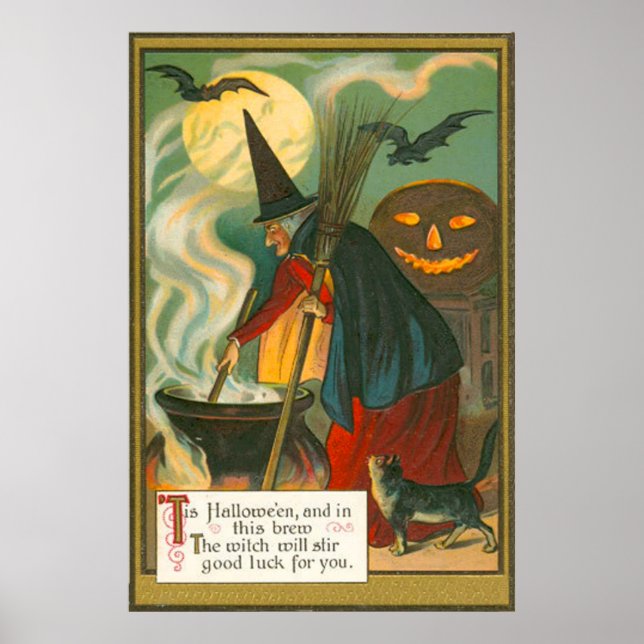 Póster Witch Broom Cauldron Jack O Lantern Bat Cat (Frente)