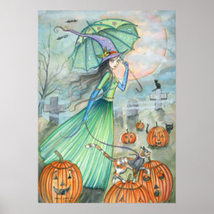 Póster Witch Cat Autumn Halloween Poster by M. Harrison