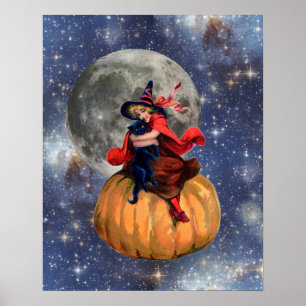 Póster Witch Girl and Cat Moon Halloween Poster