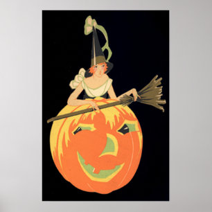 Póster Witch Jack O Lantern Pumpkin Broom