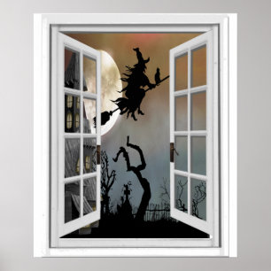 Póster Witch On Broomstick Ventana Ver Halloween