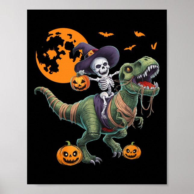 Póster Witch Skeleton Riding Dinosaur T Rex Halloween Fun (Frente)