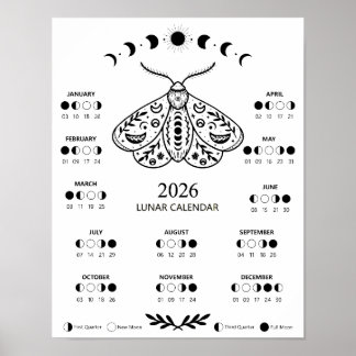 Póster Witchcraft Moth Celestial Lunar Moon Calendar 