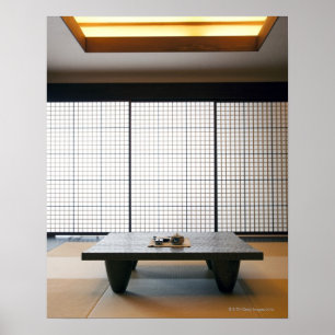 Póster with wooden table and modern style tatami :