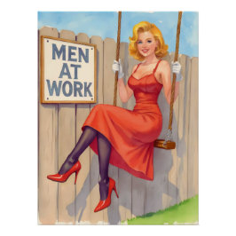 Póster Witty Retro Pin-Up Girl - "Men at Work"