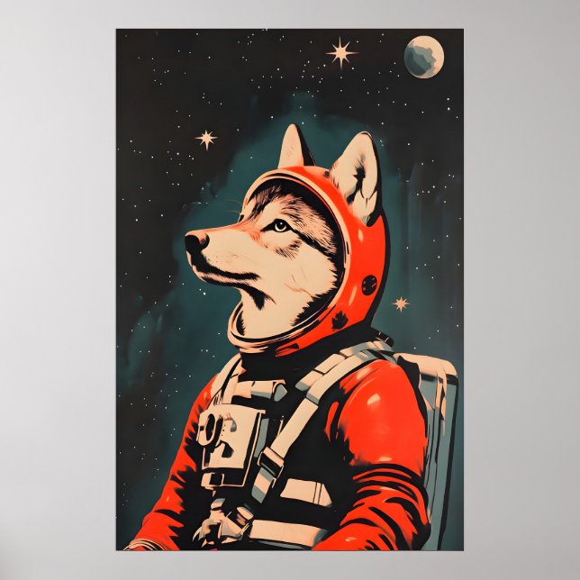 Póster Wolf Astronaut Poster, Wolf Retro Print, Wolf (Frente)