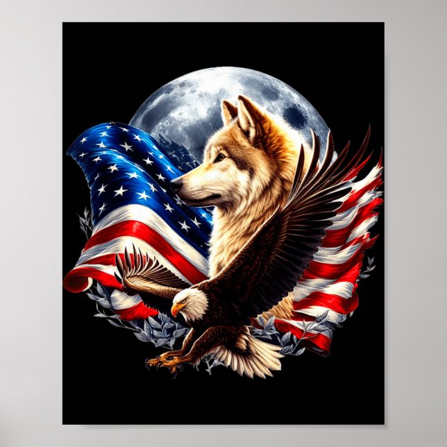 Póster Wolf Bald Eagle American Flag Full Moon New Years  (Frente)