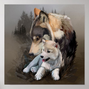 Póster Wolf cub y su madre
