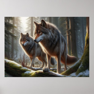 Póster Wolf Duo en la apariencia 3D del bosque   Naturale