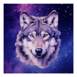 Póster Wolf Galaxy Stars Cosmic Birday Party