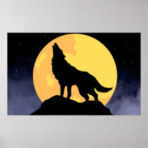 Póster Wolf Howling en la Luna