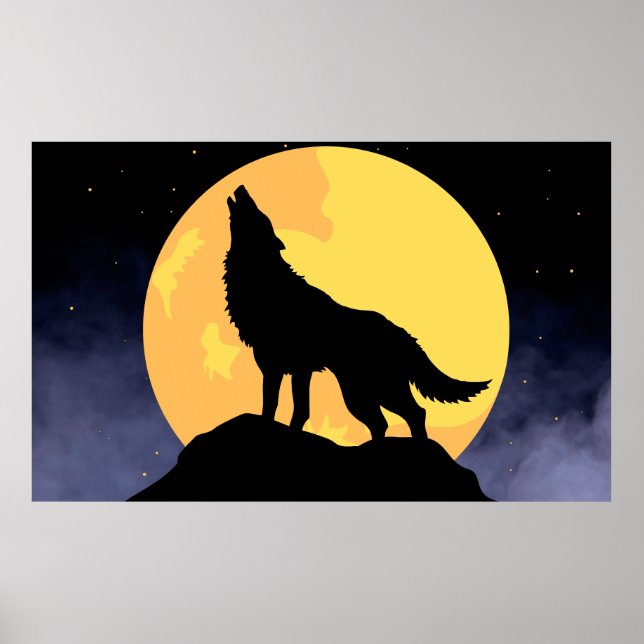 Póster Wolf Howling en la Luna (Frente)