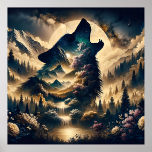 Póster Wolf Howling en la Luna