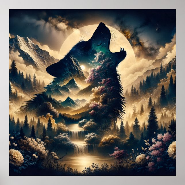 Póster Wolf Howling en la Luna (Frente)
