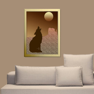 Póster Wolf Howling en la Luna en Brown y Tan
