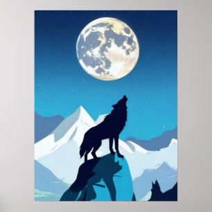 Póster Wolf Howling en la luna llena