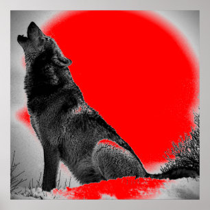 Póster Wolf Howling en Moon Red Pop Art Poster