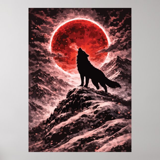 Póster Wolf Howling In Red Moon Light - Japanese Art (Frente)