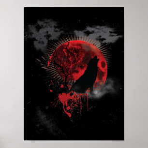 Póster Wolf Howling Sangod Red Moon